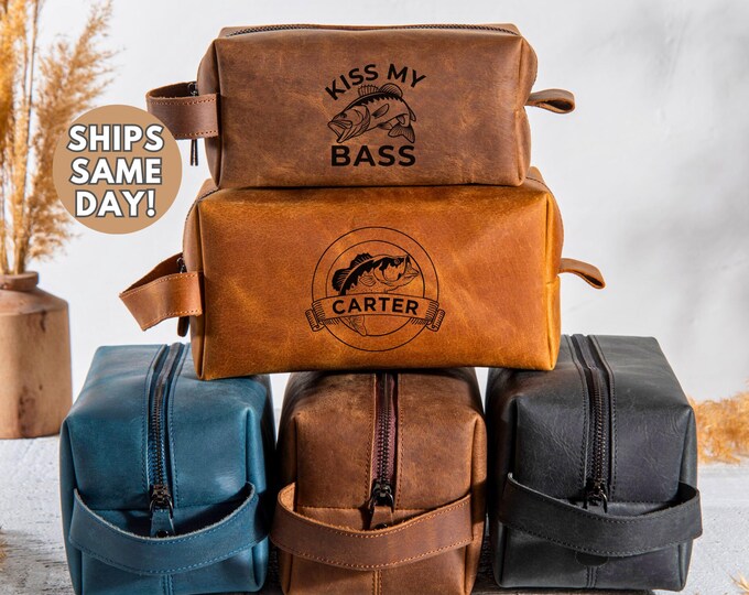 Fish Personalized Toiletry Bag, Fisherman Gifts, Mens Toiletry Bag, Fishing Gifts, Custom Fish Logo Leather Bag, Hunter Travel Bag for Him