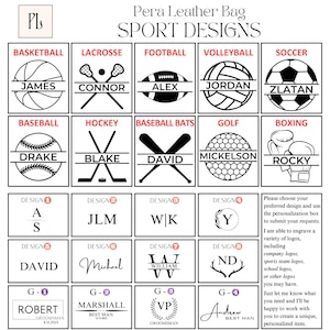 May include: A chart with different sports designs for a leather bag. The designs include a basketball, lacrosse stick, football, volleyball, soccer ball, baseball, hockey sticks, baseball bats, golf ball, and boxing gloves. Each design has a space for a name and a design number.