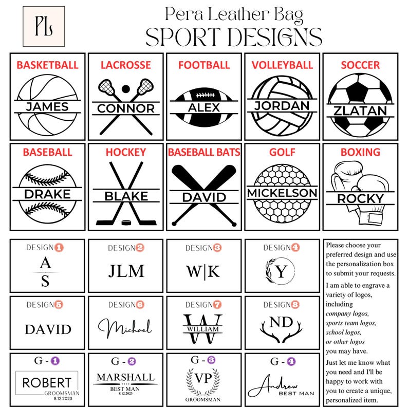 May include: A chart with different sports designs for a leather bag. The designs include a basketball, lacrosse stick, football, volleyball, soccer ball, baseball, hockey sticks, baseball bats, golf ball, and boxing gloves. Each design has a space for a name and a design number.