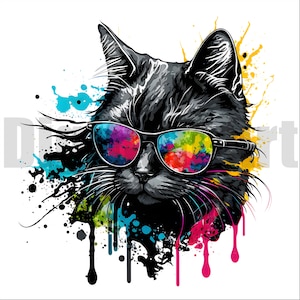 クールな猫のクリップアート パック、デジタル プリント、14 個の PNG、デジタル ダウンロード、商用利用、ミックス メディア、水彩猫