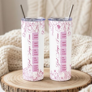 May include: Two white stainless steel tumblers with floral and text design. The text reads "God Says I am" and includes words like "Delivered", "Designed", and "Obedient". Each tumbler has a silver straw and a clear lid.