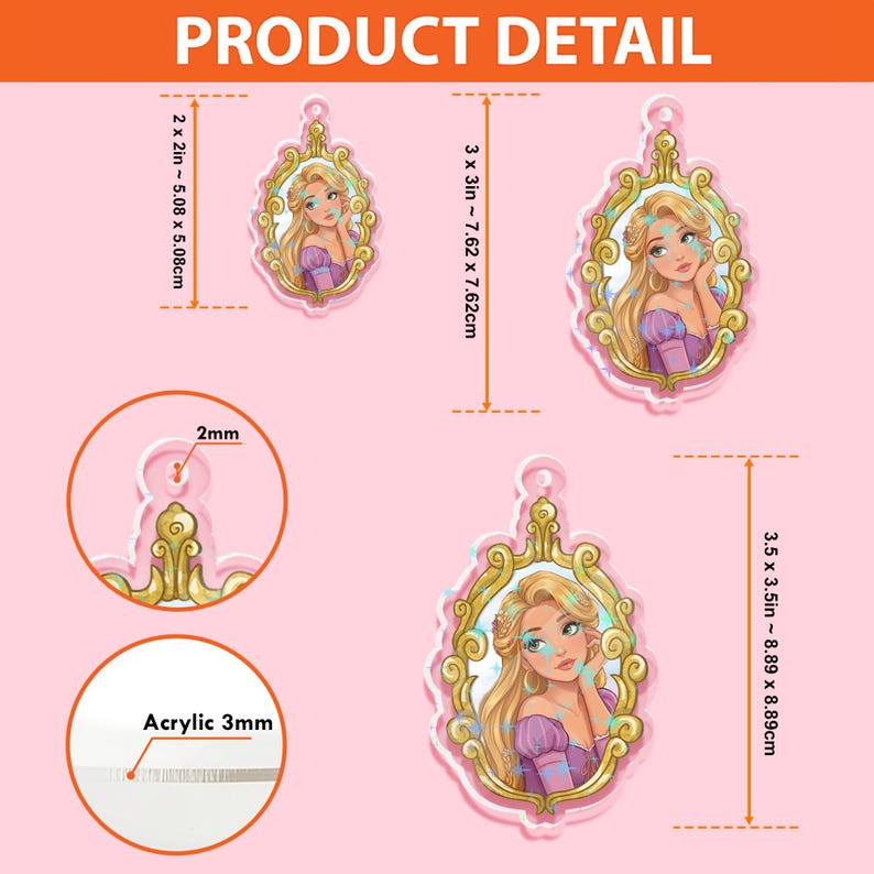 May include: Acrylic earrings featuring a princess design within a gold frame. The earrings are available in three sizes: 2 x 2 inches, 3 x 3 inches, and 3.5 x 3.5 inches. The product detail text is visible in the image.