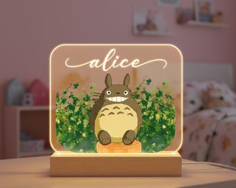Totoro 3D Night Light Wooden Base, Custom Name Light For Children, Anime Decor