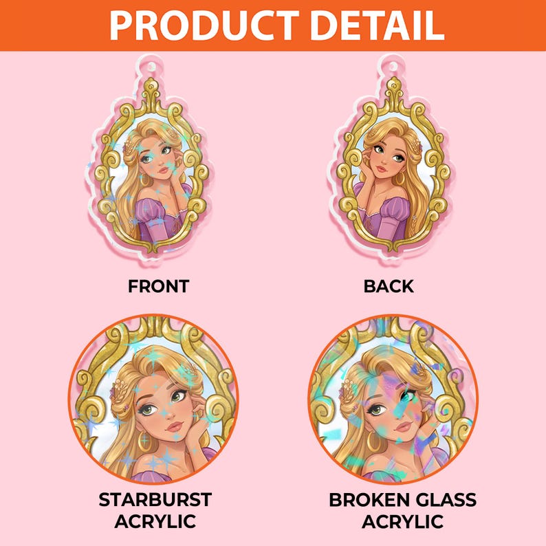 May include: Product detail image of two clear acrylic pendants with a cartoon image of a woman with long blonde hair in a gold frame. The front and back of the pendant are shown. The bottom shows starburst and broken glass acrylic.