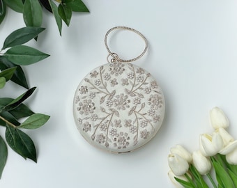 Round Clutch Off White Gold Details Ivory Silk Clutch Minaudiere Metallic Frame Zardozi Clutch