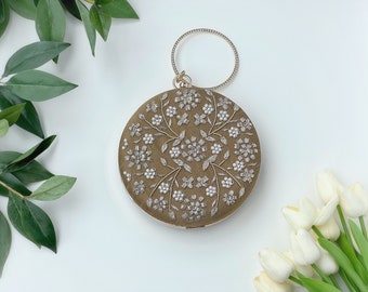 Round Clutch Sage WhiteGold Details Silk Clutch Minaudiere Metallic Frame Zardozi Clutch