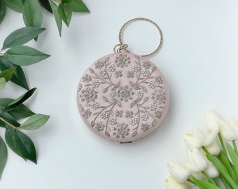 Round Clutch Pastel Pink WhiteGold Details Silk Clutch Minaudiere Metallic Frame Zardozi Clutch