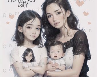 Happy Mother's Day Gift, Mothers Day Art, Mother's Day, Mother & Daughter Illustration - Drawing Digital Download, Mother Gift,