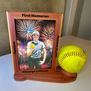 Softball and Baseball First Homerun Frame and Ball Holder. Unique way to display a special Baseball or Softball memory.