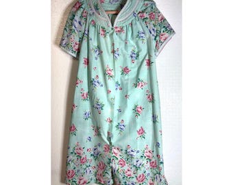 Leisure Life Vintage Floral Housecoat Mint Green Button Up Quilted Yoke