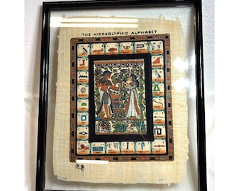 Framed Artwork Hand-Painted Egyptian Papyrus Intricate Hieroglyphics Alphabet