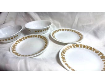 Corelle 3 Bread Plates 2 Cereal Bowls Vintage 1970's Butterfly Gold Pattern