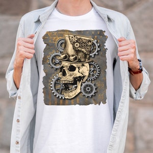 Antique Steampunk Skull with Top Hat Gray Gold Paper Clippings Shirt, Artistic Vintage Skeleton Lover Top, Cool Gift Tee for Steam Punk Fan