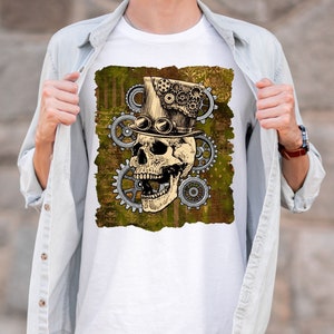 Brown Green Bronze Antique Steampunk Skull with Top Hat Shirt, Artistic Vintage Skeleton Lover Top, Cool Gift Tee for Steampunk Lover