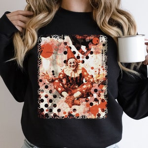 Creepy Clown Aesthetic Sweater, Spooky Fall Halloween Red Black Polka Dot Jester Top, Abstract Gift Sweatshirt for a Clown Design Lover