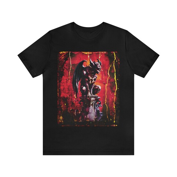 Dark Abstract Perched Gargoyle Aesthetic Tshirt, Red Yellow Black Gothic Winged Demon Top, Trendy Gift Tee Shirt for Goth Design Lover