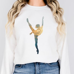Metallic Ballerina Silhouette Design Sweater, Cool Blue Silver Gold Graceful Ballet Dancer Top, Trendy Pointe Ballet Lover Gift Sweatshirt