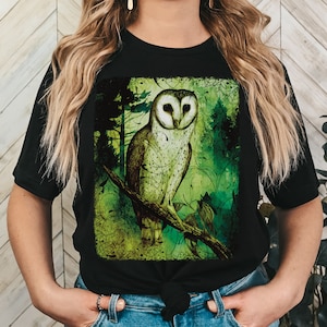 Green Forest Barn Owl Tshirt, Abstract Autumn Bird in Nature Grunge Aesthetic Top, Trendy Gift Tee Shirt for Fall Woodland Trees Lover