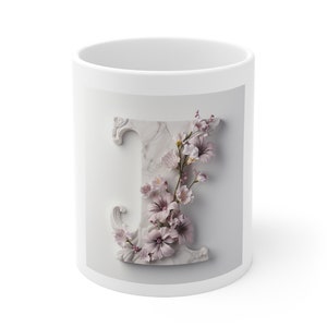 Personalized 11oz Ceramic Mug with the letter &quot;T&quot; on Marble with Flowers; Beautiful Gift for Him, Gift for Her, Family Reunion.
