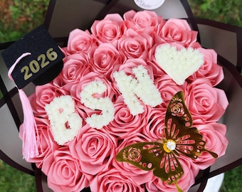 BSN Graduation Bouquet, RN Gift, MBA, Custom Grad, Baby Breath Initial Eternal Bouquet, Photoshoot Handmade Flowers, Ever Lasting Flower