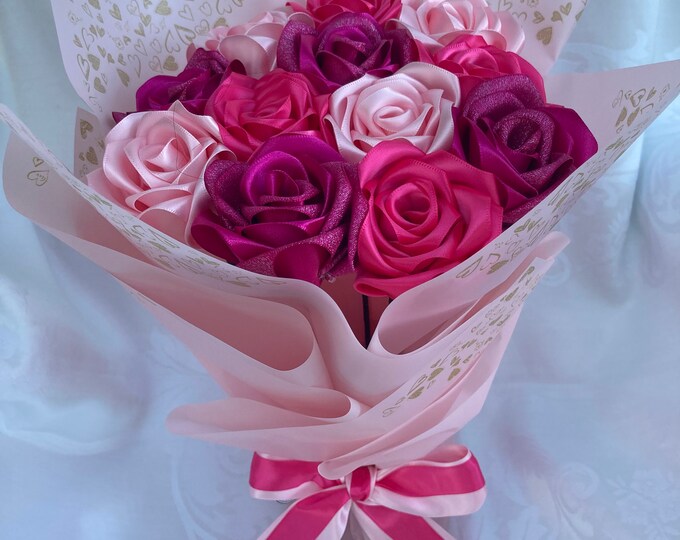 Pink Glitter Eternal Rose Bouquet, Handmade Fake Flowers Bouquet, Ever