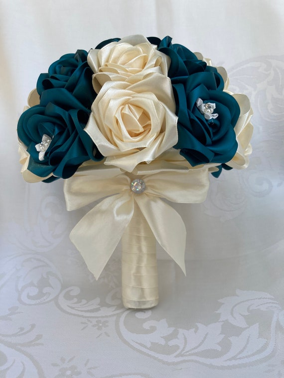 Teal and Ivory Handmade Satin Bouquet, Ribbon Bouquet, Formal Bouquet,  Bridal Bouquet, Prom Flowers, Quinceanera Bouquet, Homecoming Bouquet 