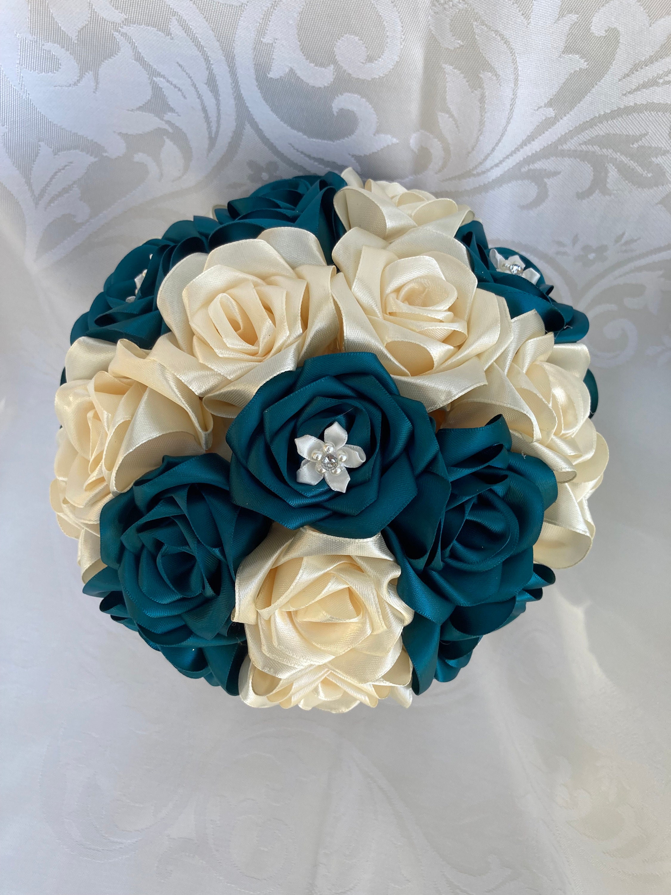 Teal and Ivory Handmade Satin Bouquet, Ribbon Bouquet, Formal Bouquet,  Bridal Bouquet, Prom Flowers, Quinceanera Bouquet, Homecoming Bouquet 