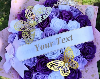 Purple Ramo Buchon, Valentine’s Day Eternal Rose Bouquet, Ribbon Rose Bouquet, Flower Bouquet, Rose Bouquet, Birthday Bouquet Anniversary G
