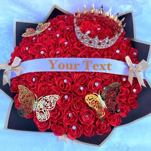 100 Rose Eternal Rose Bouquet mit Krone, Königin Bouquet, Ramo Buchon, Geburtstagsstrauß, Verlobung, Abschlussfeier für immer Blumenarrangement