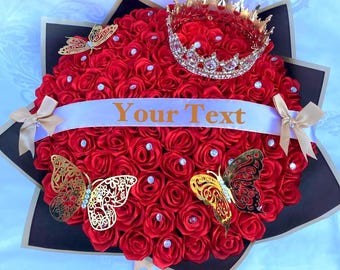 100 Rose Eternal Rose Bouquet w/ Crown, Queen Bouquet, Ramo Buchon, Birthday Bouquet, Engagement, Graduation Ever Lasting Flower Arrangement