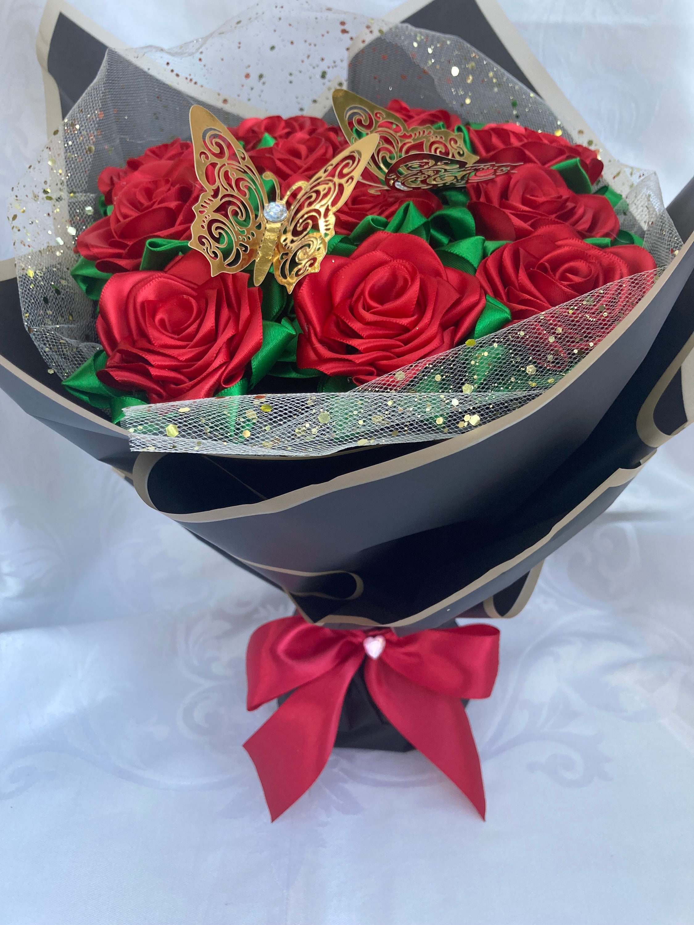 Bling Eternal Rose Bouquet, Ribbon Rose Bouquet, Handmade Fake