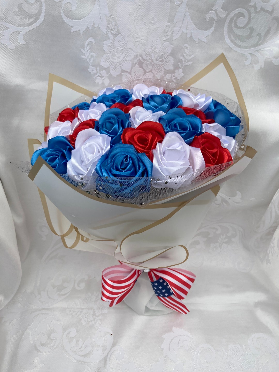 Patriotic USA Bouquet, Red White Blue Eternal Rose Bouquet, Handmade