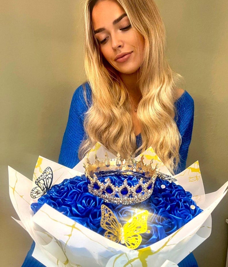 Royal Blue Ramo Buchon With Crown, Eternal Rose Bouquet, Forever Rose ...