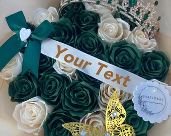 Emerald Green & Ivory Eternal Rose Bouquet, Birthday, Graduation, Handmade Fake Flower Bouquet, Ever Lasting Flower Arrangement, Ramo Buchon