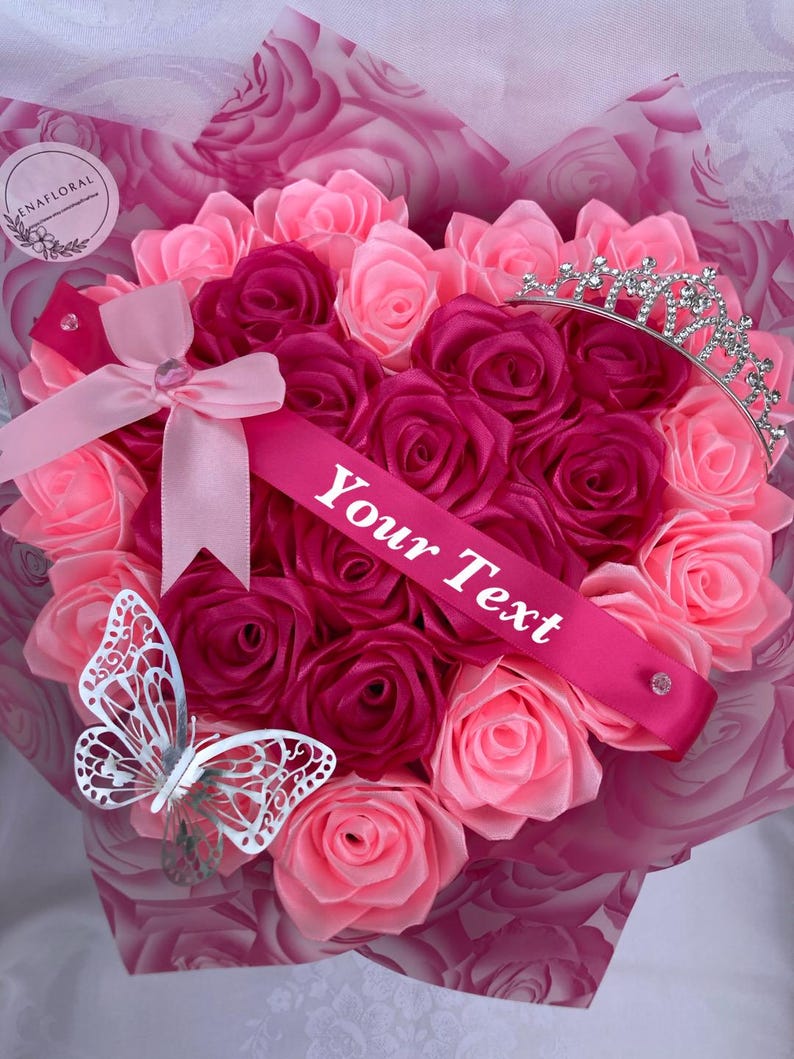 Pink Heart Eternal Rose Bouquet, Birthday Ribbon Rose, Handmade Flower ...