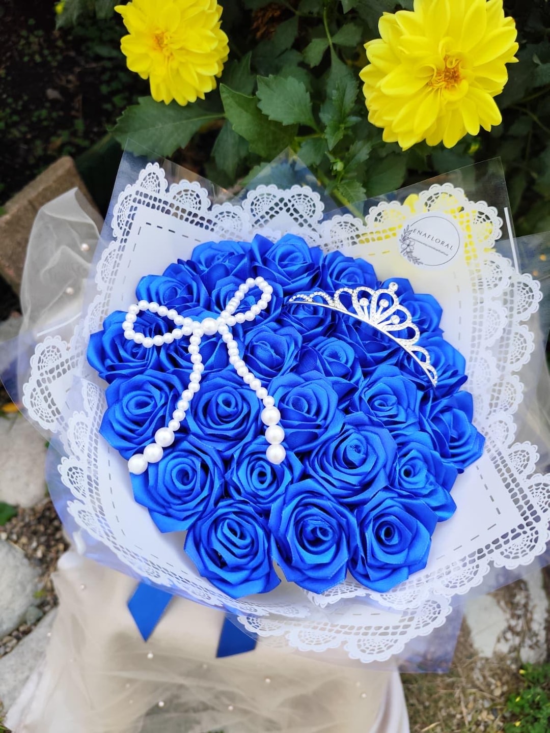 Royal Blue Eternal Rose Bouquet, Ribbon Rose Bouquet, Handmade Flower ...