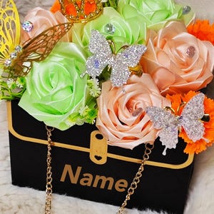 Geldbörse Blumenstrauß, personalisierte Handtasche, Ereignis Herzstück, Eitelkeitsblume, Prinzessinnenzimmer-Dekor, Brautparty-Babyparty, süße 16 Quitte