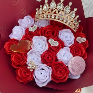 Red& White Eternal Rose Bouquet, Birthday, Quinceanera, Anniverary, Grad Ribbon Roses, Handmade Flower Bouquet, Rose Bouquet, Ramo Buchon