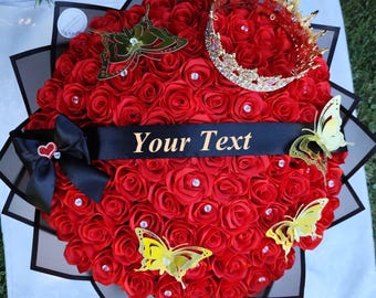 100 Rose Eternal Rose Bouquet w/ Crown, Queen Bouquet, Ramo Buchon, Birthday Bouquet, Engagement, Graduation Ever Lasting Flower Arrangement