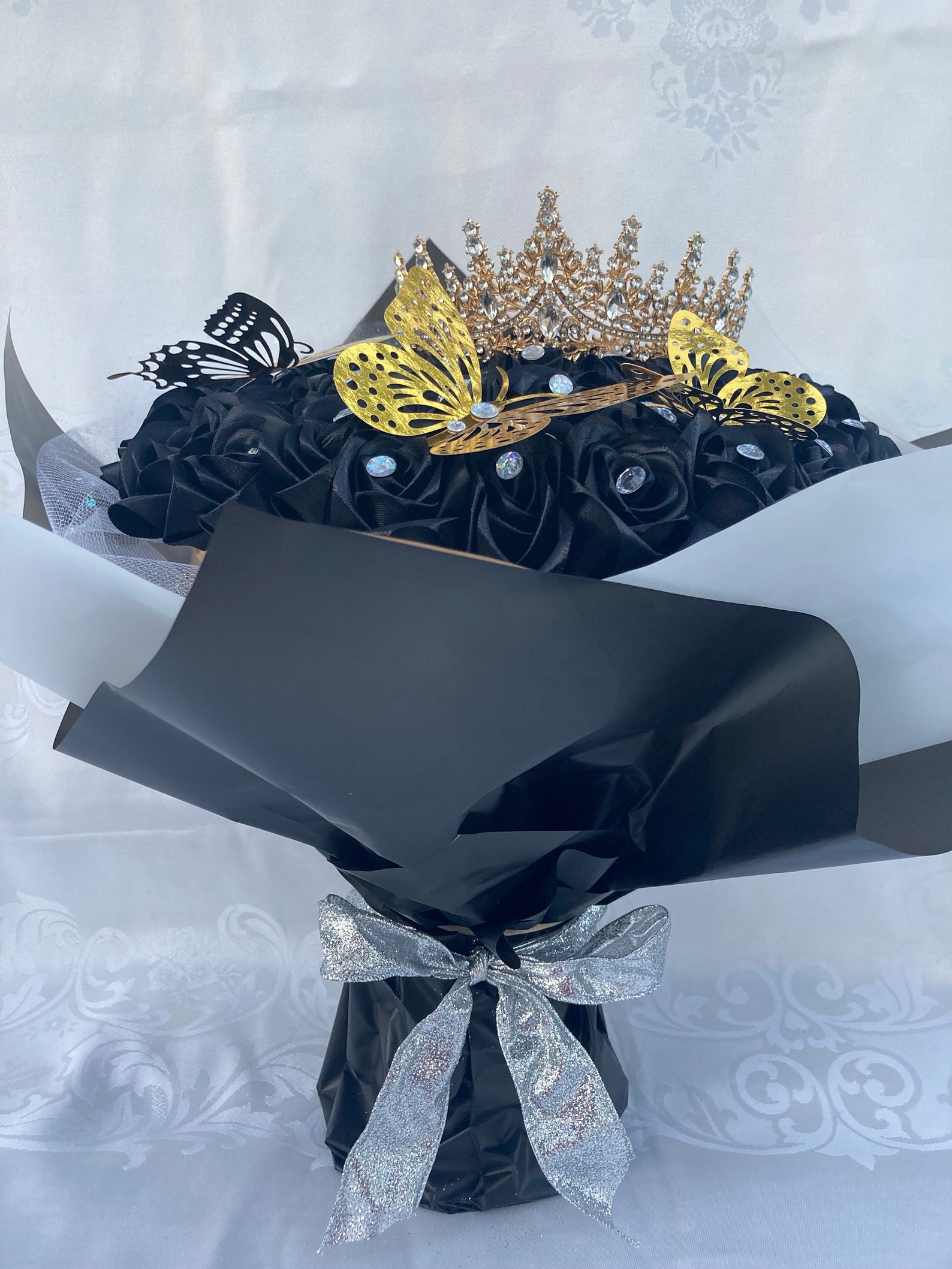 Black Ramo Buchon, Black Rose Bouquet, Eternal Rose, Ribbon Rose ...