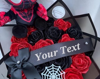 Black Spiderman Plushie Ramo Buchon, Birthday Anniversary Gift, Comics Gift, Eternal Rose Bouquet, Plush Toy Web Bouquet, Ever Lasting Flow