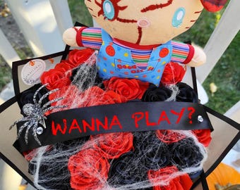 Chucky Bouquet, Valentine’s Scary Gift, Spooky Ghost Bouquet, Handmade Floral Arrangement, Halloween Flowers, Pumpkin Bouquet