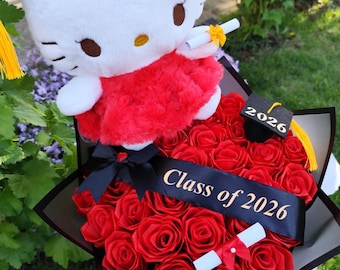 Ramo de graduación de Hello Kitty, regalo de graduación, rosas de cinta de felpa, ramo de flores eternas hecho a mano, Ramo Buchon, recuerdo personalizado