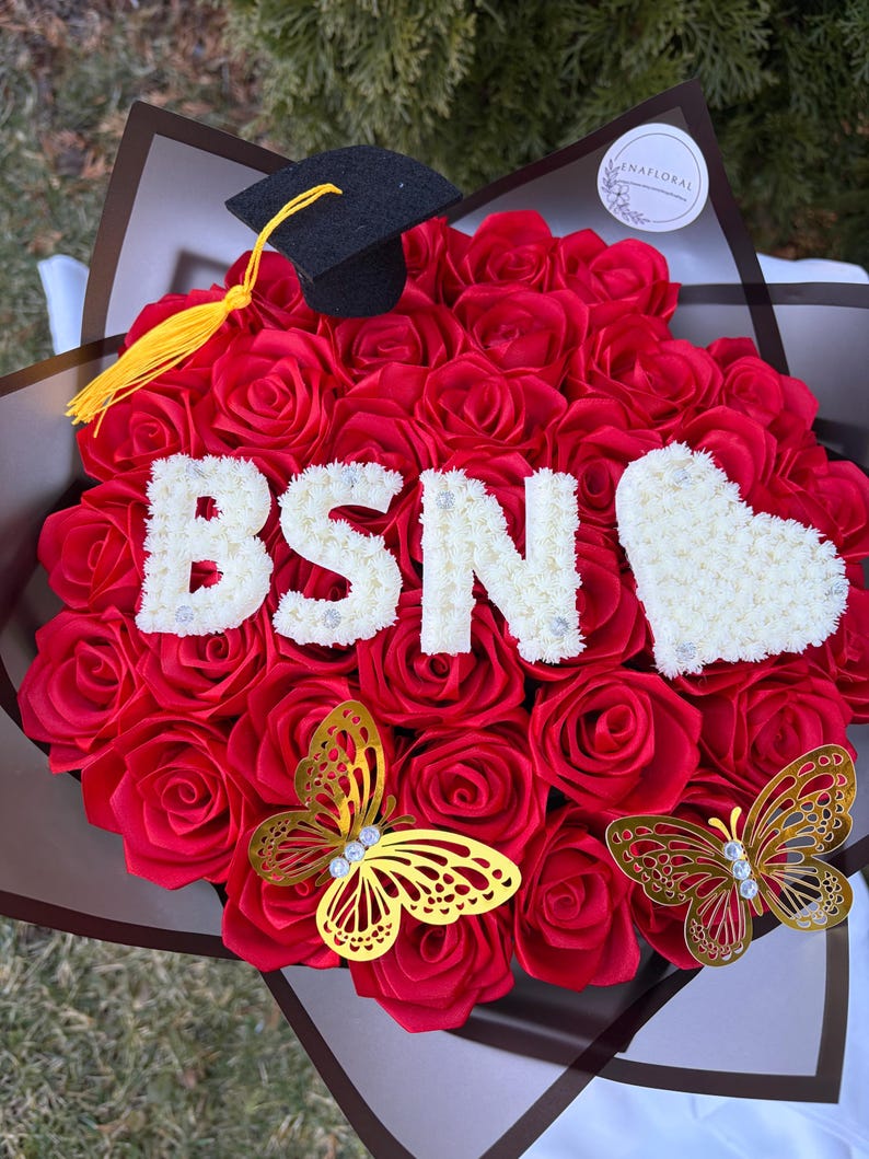 BSN Graduation Bouquet, RN Gift, MBA, Custom Grad, Baby Breath Initial ...
