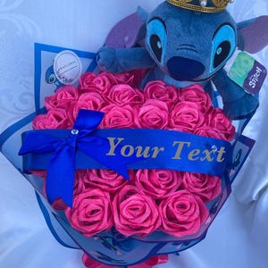 Stitch Bouquet, Glitter Ramo Buchon, Hot Pink Eternal Rose Bouquet, Plush Toy Bouquet, Handmade Bouquet, Ever Lasting Birthday, Anniversary