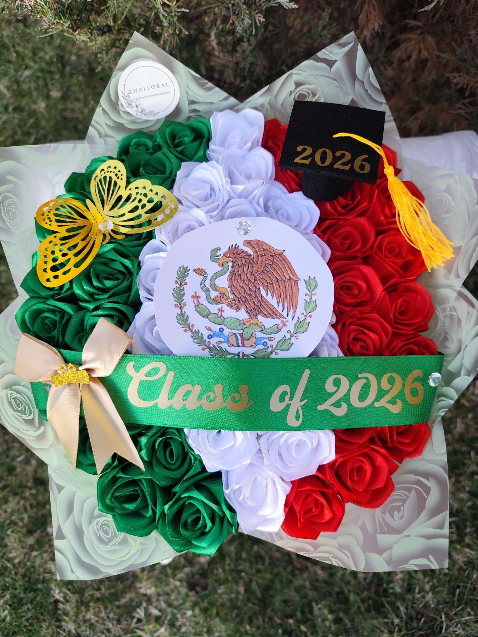 Mexican Flag Ramo Buchon, Graduation Bouquet, Patriotic Bouquet, Eternal Rose Bouquet, Handmade Flower Bouquet, Ever Lasting Roses, Birthday