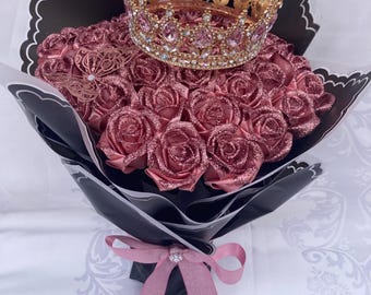 Pink Glitter Ramo Buchon, Eternal Rose Bouquet, Handmade Fake Flower Bouquet, Lasting Flower, Birthday, Quinceanera, Anniversary, Holiday