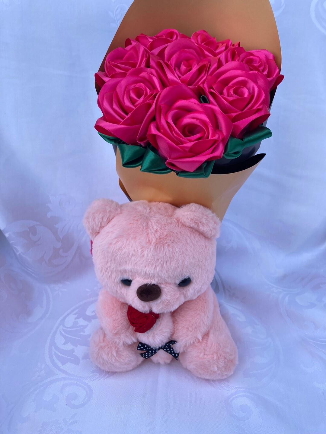 Valentines Day Gift, Flowers With Teddy Bear, Pink Eternal Rose Bouquet