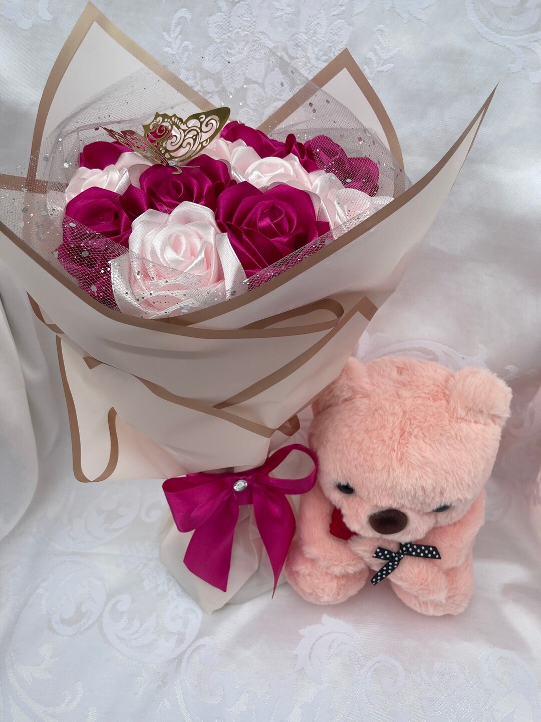 Pink Eternal Rose Bouquet, Handmade Fake Flowers Bouquet, Ever Lasting