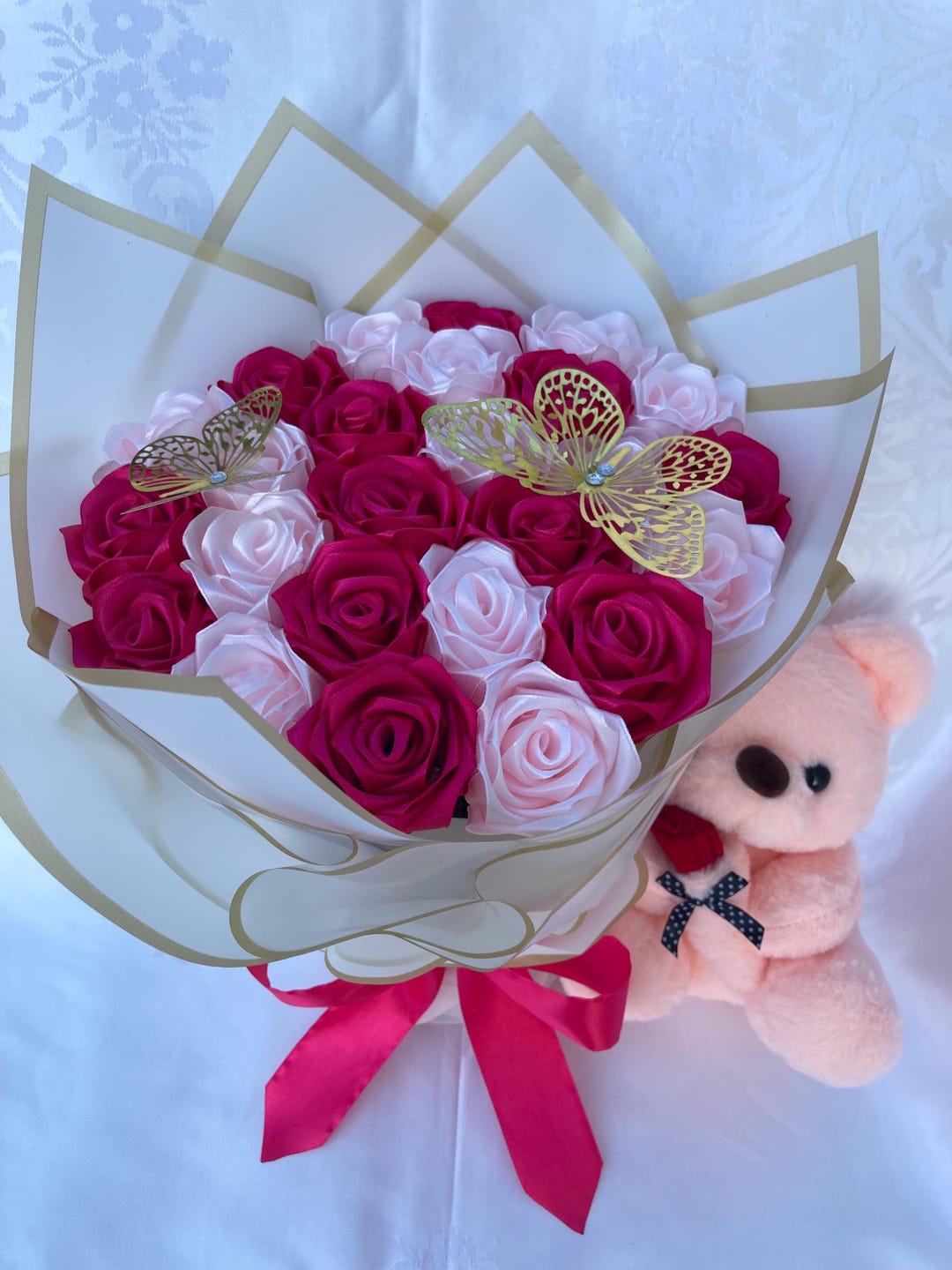 Ramo Buchon, Pink Eternal Rose Bouquet, Handmade Fake Flowers Bouquet ...